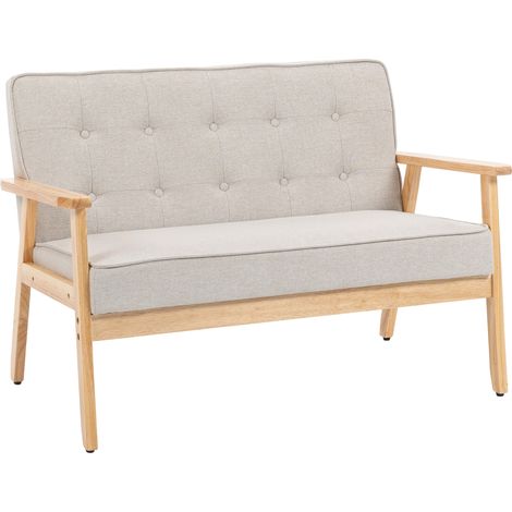 HOMCOM sofá de 2 plazas, tapizado en lino sintético, sofá nórdico con patas y reposabrazos de madera, respaldo acolchado,113x67x78 cm, beige