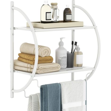 COSTWAY Wall Mounted Towel Rack 2 Tiers Display Organiser Shelving Unit Home-White (1/5)