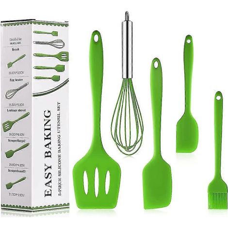Set di spatole in silicone. Set di 5 utensili da cucina. Realizzate in acciaio inossidabile e di colore verde. (1/4)