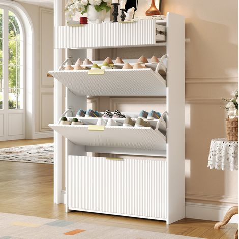 Meuble à chaussures étroit 80 x 25 x 135 cm avec 3 abattants et 2 tiroirs, pour entrée, blanc (1/5)