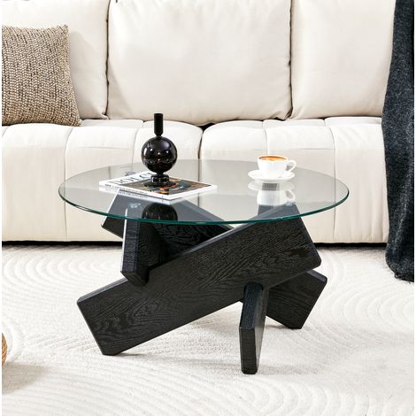 Mesa de centro redonda 79x79x45 cm negra y transparente de MDF y vidrio con base cruzada (1/5)