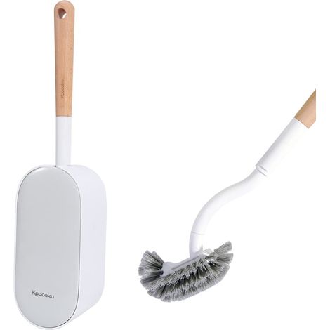 Brosse de toilette avec support, outil de nettoyage incliné au design incurvé avec manche en bois, ensemble de brosses de toilette murales pour salle de bain (1/5)