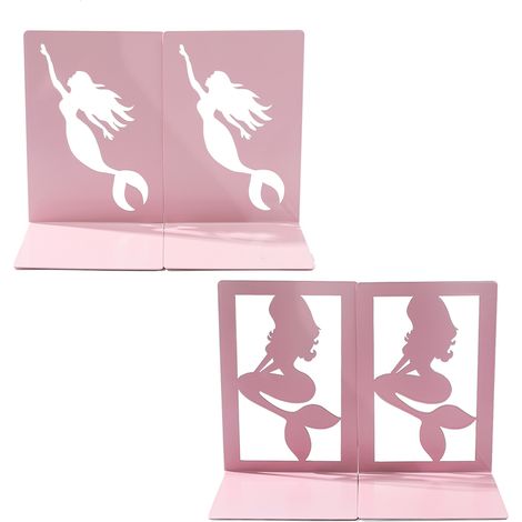 Lot de 4 serre-livres sirène rose (2 paires), design découpé en métal, pour chambre d'enfant, bibliothèque et bureau