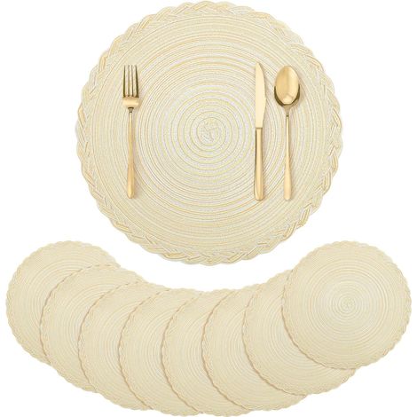 APEX Ensemble de 8 sets de table ronds en coton tissé beige de 38 cm, parfaits pour les fêtes et un usage quotidien.