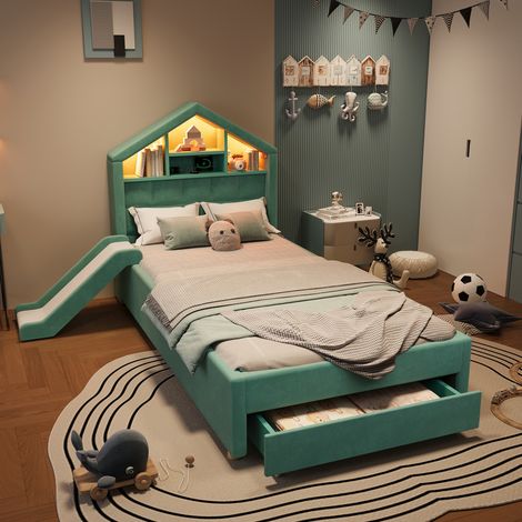 Lit enfant 90x200 cm en velours bleu vert, tête de lit maison avec étagères, LED et port de charge, toboggan réversible, grand tiroir de rangement - CHICFURN (1/5)