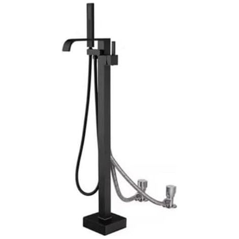 Robinet De Baignoire Ilot Avec Douchette Pour Salle De Bain, Laiton Mitigeur Au Sol Autoportant Sur Pied Avec Poignée, Noir (Black-B) (1/5)