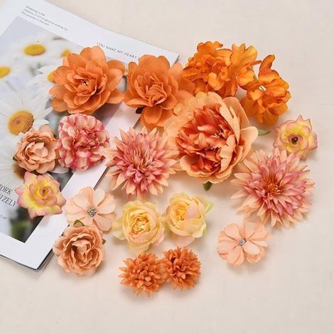 Un set di fiori artificiali, comprendente teste di fiori artificiali per decorazione fiori realistici per la decorazione di torte fiori di seta arancioni (1/2)