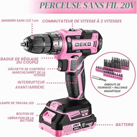 DEKO Tool Box Pink Cordless Drill Driver 20V Battery Home Office Car Daily Maintenance (1/3)
