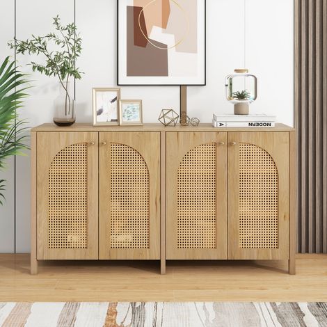 Aparador de 145 x 40 x 80 cm - 4 puertas de ratán PE - 4 estantes ajustables - Diseño escandinavo minimalista - Madera natural (1/5)