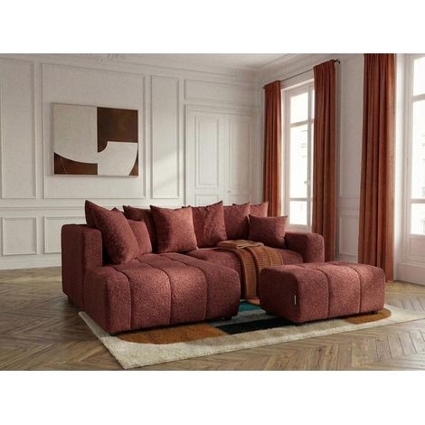 BOBOCHIC - Canapé d'angle L convertible coffre ROXELANE tissu bouclette avec pouf Angle gauche  Rouge (1/4)