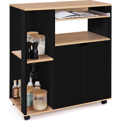 Idmarket – Desserte de cuisine COSI bois noir – Plateaux façon hêtre – Longueur 76 cm – 4 roulettes dont 2 avec frein – Rangement pratique et design (1/5)