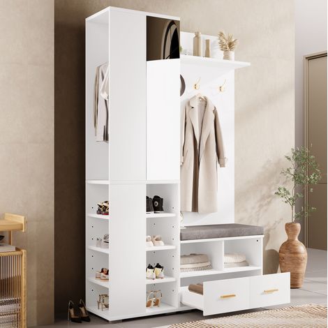 Garderobenset 120x35x190 cm Weiß aus Spanplatte mit Spiegel, Kleiderstange, Schuhbank und 2 Schubladen (1/5)