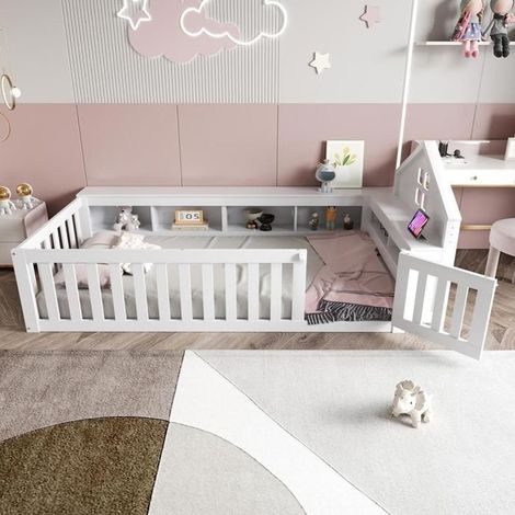 Lit enfant - KOMHTOM - Lit maison avec toit et fenêtre - 90x200 cm - Bois massif - Rangement intégré (1/5)