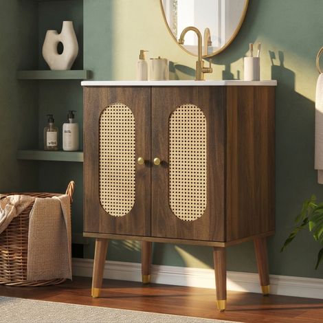 Armoire de salle de bain autoportante de 61 cm avec portes en rotin respirantes, étagères de rangement fixes et grand espace de rangement sous un lavabo en céramique, robinet non inclus (1/5)
