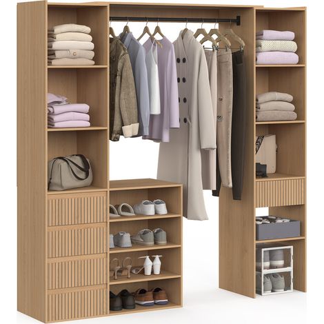 Dressing extensible double XXL JULIETTE 120/180 cm effet lattes tasseau bois avec tiroirs + étagères + penderie (1/5)