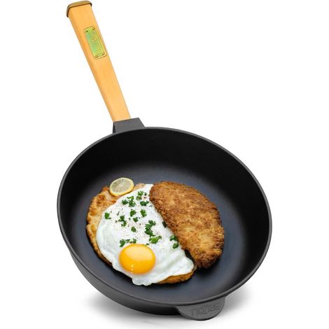 Poêle en fonte de 28 cm de diamètre avec poignée en bois dévissable - Hauteur : 70 mm - Poêle à steak - Convient pour barbecue à gaz, four, foyer, tous feux à induction (1/5)