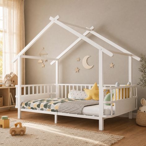 Letto per bambini a casetta 215x96x168.5 cm, con ringhiera di sicurezza, struttura in metallo bianco (1/5)