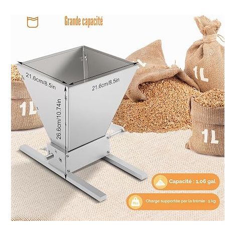 Moulin à céréales professionnel avec puissance de broyage réglable, presse-céréales et moulin à malt pour blé, maïs et aliments pour animaux, broyeur à grains robuste pour la maison, la brasserie et (1/5)