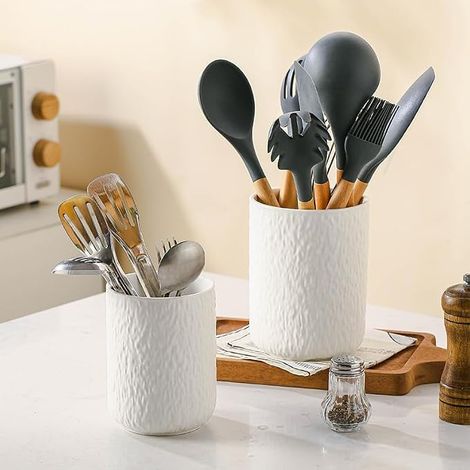 2 Pack Ceramic Utensil Holder Rock Texture Kitchen Utensil Holder Countertop Organizer for Cutlery Kitchen Spoons Utensil Holder for Kitchen Countertop White (1/5)