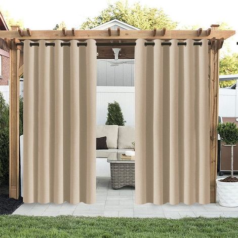 Qelus Lot de 2 Rideaux d'extérieur Imperméables à oeillets - 132x244cm - Beige - Isolation thermique, pour Pergola Terrasse (1/5)