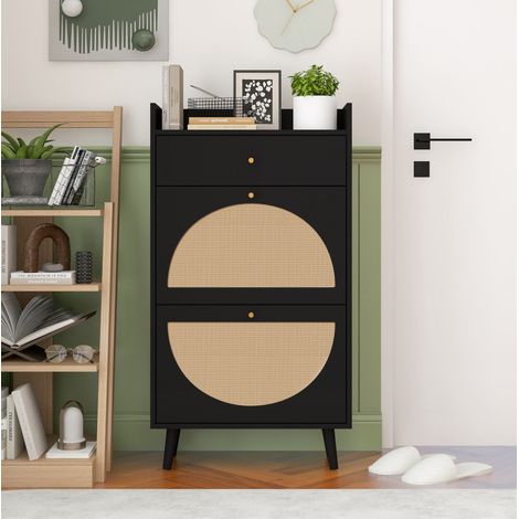 Schuhschrank Schuhregal Aufbewahrung Schwarz Rattan OKMYHOME (1/5)
