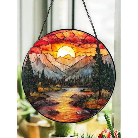 Vitrail chaîne de montagnes 20 cm, attrape-soleil, décoration maison nature