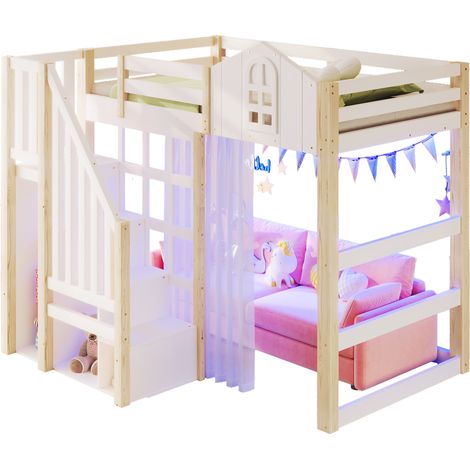 Lit mezzanine 90x200 cm avec LED, forme fenêtre, échelle de rangement, espace ouvert et voilage blanc naturel - CHICFURN (1/5)