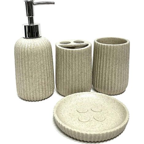 Ensemble de salle de bain en résine effet grès (4 pièces), ensemble de salle de bain simple, accessoire de toilette pour le lavage des mains, porte-brosse à dents (1/5)