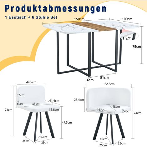 Essgruppe mit 1 Tisch und 6 Stühlen 150x100x79 cm MDF Metall Weiß Schwarz – MEUBLIV (1/5)