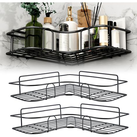 Étagère de salle de bain triangulaire noire, sans perçage, meuble vasque d'angle mural, porte-gel douche. (1/5)