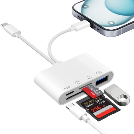 Lecteur Carte SD pour iPhone iPad, USB C Lightning Adaptateur Carte SD avec SD/TF/USB OTG/Chargement Slot, Lecteurs de Carte Mémoire Externes pour 16 15/Mac/Android/Caméra (1/5)