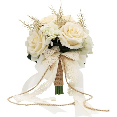 Brautstrauß, Champagner-Brautstrauß aus weißen Rosen, Brautstrauß aus Bändern, künstlicher Hochzeitsblumenstrauß (1/5)
