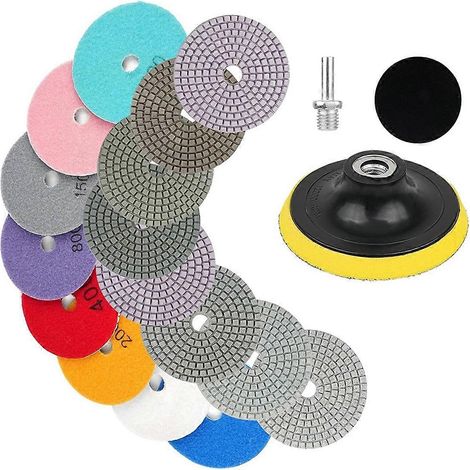 Kit de polissage diamanté pour béton (11 disques de 10 cm), grain 50-6000, pour utilisation à sec ou humide, avec disque en laine, pour marbre - FFY (1/4)