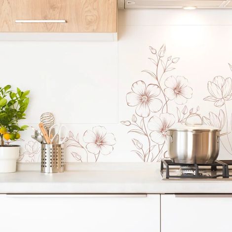 Fond de hotte en aluminium - motif floral terracotta et blanc - 70x60 cm