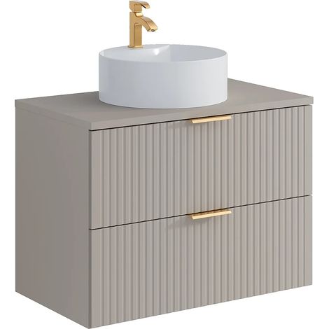 Mobile per bagno sospeso con scanalature e lavabo da appoggio tondo 80 cm Beige - ZEVARA (1/5)