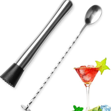 Pilon à cocktails, pilon de 20,5 cm et cuillère à cocktail à guidon de 26 cm, agitateur en acier inoxydable, accessoires de bar pour mojitos et boissons aux fruits