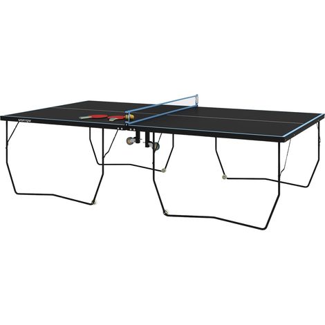 Mesa de ping-pong para exterior, mesa de ping-pong plegable con red, ruedas, 2 raquetas de ping-pong y 3 pelotas, acero, negro, 274 x 152,5 x 76 cm