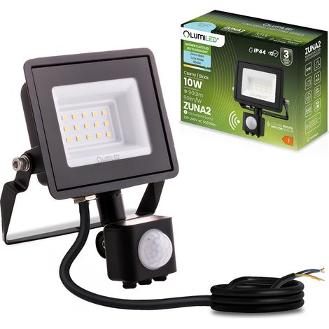 Proiettore LED ZUNA2 10W 900lm 6500K IP44 Nero LUMILED Sensore di movimento