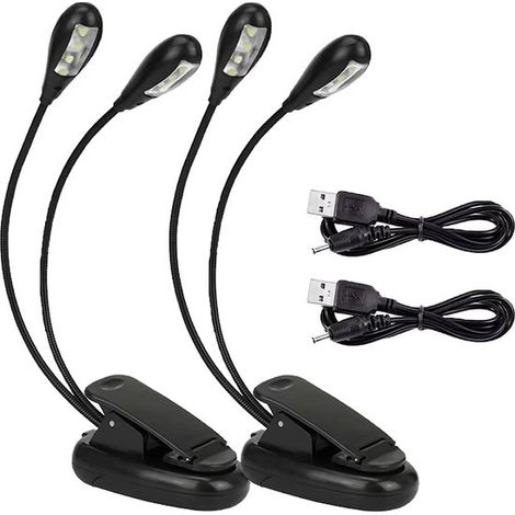 Lampes de pupitre LED 2 pièces – 8 petites lampes de lecture rechargeables avec pince – Lampes doubles pour piano bureau et pupitre – Avec câble USB – Noir (1/5)