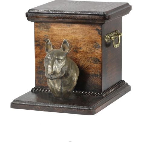 Urne funéraire pour chien Bull Terrier avec statuette, une urne élégante et unique ornée d'un buste de chien, signée Art-Dog. (1/5)