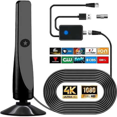 Digital TV Antenna, Powerful Indoor Outdoor HDTV Antenna with Amplifier, 360° 50 Miles Reception TV Antenna, Support 4K 1080P, Free TV DVB-T2 VHF UHF, 3m Coaxial Cable (1/5)