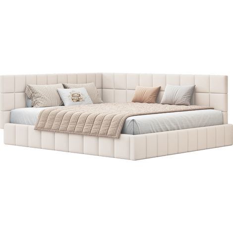 Lit banquette 160x200 en velours beige avec sommier à lattes, dossier réversible et style mid-century, convertible en canapé pour chambre, CHICFURN (1/5)