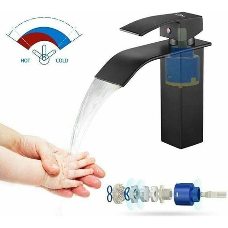 Mitigeur Cascade Noir Moderne pour Lavabo - Robinet de Salle de Bain Auralum - Convient pour les Lavabos encastrés (1/4)