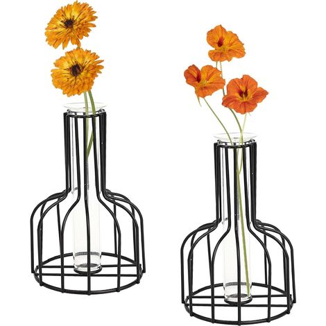 Lot de 2 vases à fleurs noirs avec cadre en métal - Verre transparent - Petits vases à bourgeons - Cadeaux pour décoration de mariage, décoration de table - Décoration intérieure - Décoration de salon (1/5)