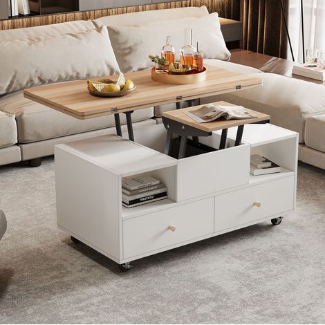 Mesa de centro elevable 100x50x47.5 cm madera natural y blanco MDF con tablero abatible, 4 cajones y ruedas con freno (1/5)