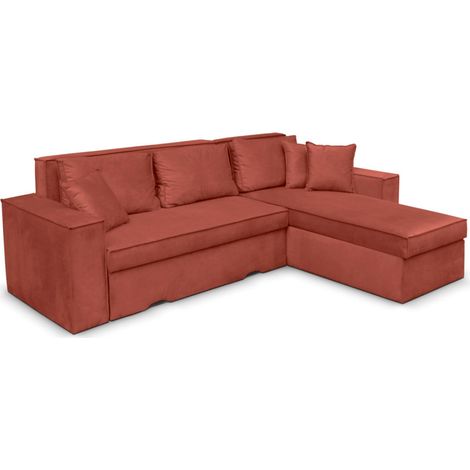 Canapé d'angle CAELIA Réversible et Convertible avec coffre en velours côtelé - Rouge brique (1/3)
