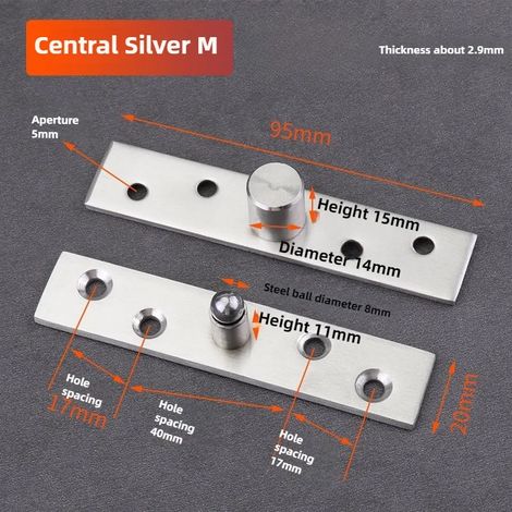 Charnière pivotante à 360° en acier inoxydable (Central Silver M) pour porte en bois, avec axe central et décalé (1 pièce), dissimulant l'axe vertical. (1/5)