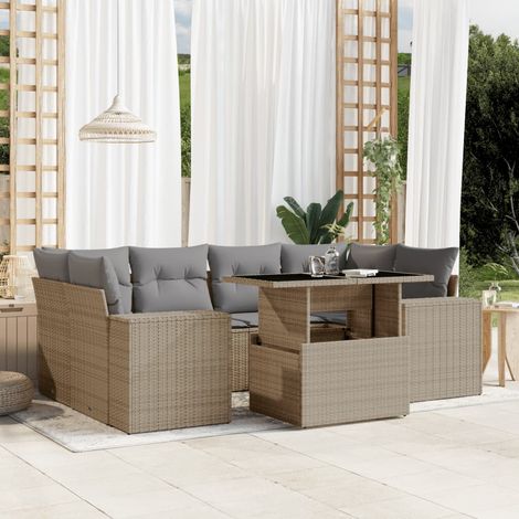 Set sofás de jardín 7 piezas y cojines ratán sintético beige vidaXL (1/5)