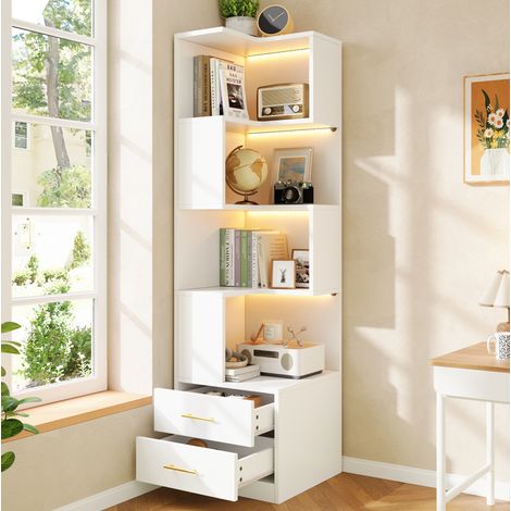 Étagère d'angle 165 cm avec LED et 2 tiroirs, 4 niveaux, blanc DESVIAE (1/5)