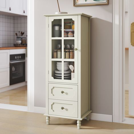 Buffet crème 50x40x130, vitrine verre, 2 tiroirs, style vintage (1/5)